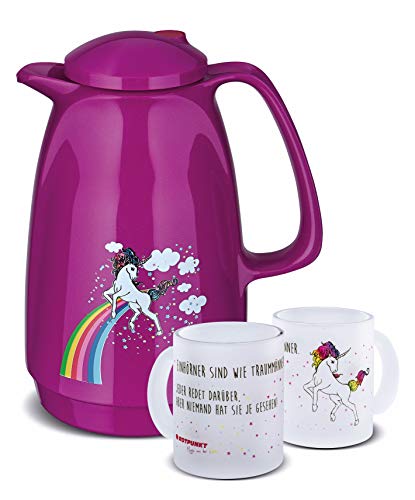 ROTPUNKT Einhorn Set | Isolierkanne 1,0 l | inkl. Milchglastasse 300 ml | hochwertiger Siebdruck | Handwäsche empfohlen | großer Henkel (Motiv 2 Milchglas 1 Tasse) von ROTPUNKT