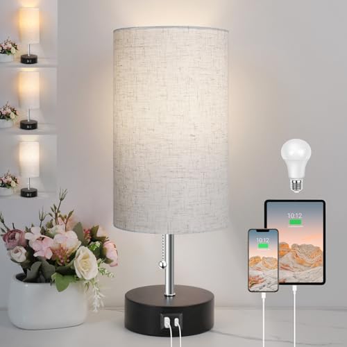 ROTTOGOON 3-Farben Temperatur Nachttischlampe Nachttischlampe mit USB A Anschluss und C Anschluss, Tischlampe für Schlafzimmer mit LED Glühbirne Kleine Lampen für Wohnzimmer (Otmeal) von ROTTOGOON
