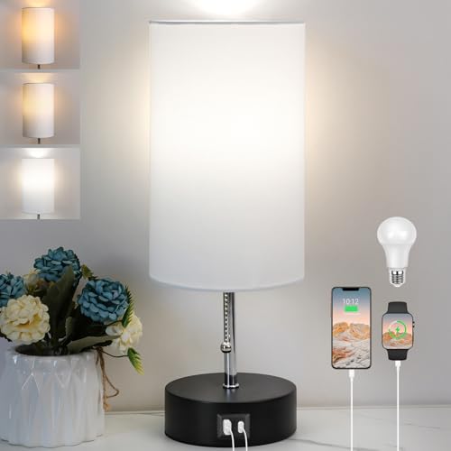 ROTTOGOON 3-Farben-Temperatur Nachttischlampe Nachttischlampe mit USB A-Anschluss und C-Anschluss, Tischlampe für das Schlafzimmer mit LED-Birne Kleine Lampen für das Wohnzimmer (Weiß) von ROTTOGOON