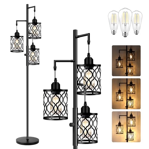 ROTTOGOON Dimmbare 3 flammige Landhaus Standleuchte 172cm Industrielle Stehlampe mit 3x6W LED für Wohnzimmer Schlafzimmer Büro Rustikale Stehleuchte Schwarz von ROTTOGOON