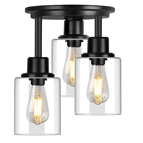 ROTTOGOON Semi Flush Mount Deckenleuchte 3-Licht in der Nähe von Deckenleuchten Mattschwarze Küchenleuchten mit klaren Glasschirmen Flurleuchten Deckenhalterung für Foyer Eingangsbereich von ROTTOGOON