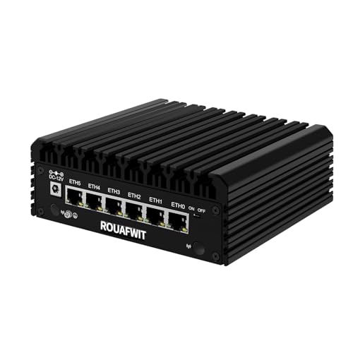 ROUAFWIT Mini PC Core i3 N305 Lüfterlos Micro Firewall Gerät, DDR5 32GB RAM 512GB SSD Router Klein Fanless Computer, 6 x 2.5Gbe i226-V LAN, TF, Type-C, Support Linux, OPNsense, AES-NI von ROUAFWIT