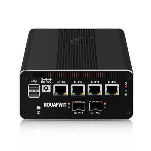 ROUAFWIT Mini PC Dual 10Gbe N150(Upgard N100) Hardwarer Appliance, 2 x SFP+ 10Gbps, 4 x 2.5Gbe i226-V LAN with Filter Connector, DDR5 16G RAM 128G NVME SSD, AES-NI, SIM, TF, 3 Display von ROUAFWIT