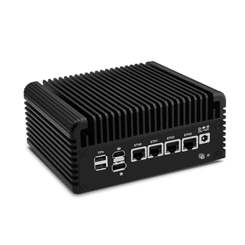 ROUAFWIT Mini PC Firewall Appliance Firewall N150 (Upgraded N100) lüfterlose Appliance, DDR5 32GB RAM 1TB SSD Micro Computer, 4 x 2.5Gbe i226-V, Dual 4K Display, TF Slot von ROUAFWIT