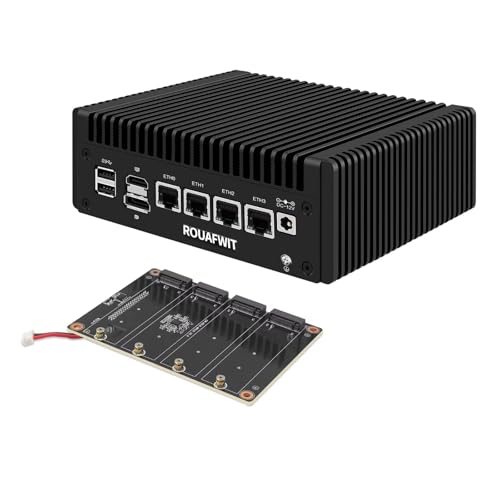 ROUAFWIT Mini PC Firewall Core i3 N355 (Upgraded N305), Micro Computer OPNsense Appliance, DDR5 16G RAM 512G SSD, 4 x 2.5GbE i226V LAN Fanless Hardware, TF Slot, with 1v4 Nvme Adapter von ROUAFWIT