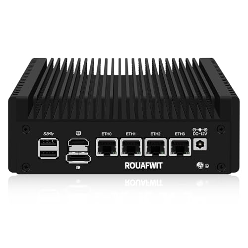 ROUAFWIT Mini PC Firewall N150 (Upgraded N100), Micro Computer OPNsense Appliance, DDR5 16G RAM 512G SSD, 4 x 2.5GbE i226V LAN Fanless Hardware, TF Slot, Support 1v4 Nvme Adapter von ROUAFWIT