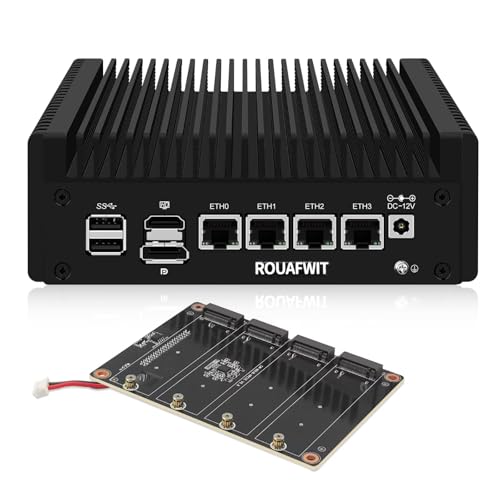 ROUAFWIT Mini PC Firewall N150 (Upgraded N100), Micro Computer OPNsense Appliance, DDR5 NO RAM NO SSD, 4 x 2.5GbE i226V LAN Fanless Hardware, TF Slot, with 1v4 Nvme Adapter von ROUAFWIT