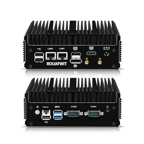 ROUAFWIT Mini PC Industrial Lüfterlos 12th Gen N100, 16G RAM 512G M.2 NVME SSD Micro Desktop Computer Büro Fanless PC, Dual i226V 2.5GbE LAN, 2 COM, WiFi/BT, 3 Display von ROUAFWIT
