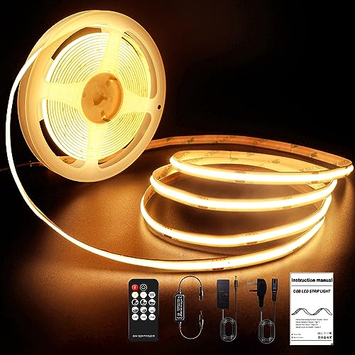 ROUKLE 8mm COB LED Streifen 2700K - 10M Dimmbare 24V Superhelle COB LED Strip CRI90+ mit RF Fernbedienung | 3840 LEDs | Warmweiß 2700K | Einfache DIY Dekoration von ROUKLE