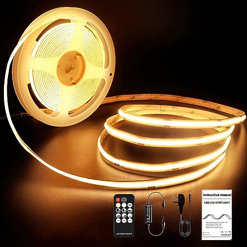 ROUKLE 8mm COB LED Streifen 2700K - 5M Dimmbare 24V Superhelle COB LED Strip CRI90+ mit RF Fernbedienung | 2400 LEDs | Warmweiß 2700K | Einfache DIY Dekoration von ROUKLE