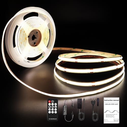 ROUKLE 8mm COB LED Streifen 4000K - 10M Dimmbare 24V Superhelle COB LED Strip CRI90+ mit RF Fernbedienung | 3840 LEDs | Neutralweiß 4000K | Einfache DIY Dekoration von ROUKLE