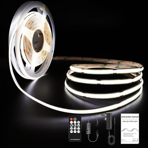 ROUKLE 8mm COB LED Streifen 4000K - 5M Dimmbare 24V Superhelle COB LED Strip CRI90+ mit RF Fernbedienung | 2400 LEDs | Neutralweiß 4000K | Einfache DIY Dekoration ROUKLE 8mm COB LED Streifen 4000K - 5M Dimmbare 24V Superhelle COB LED Strip CRI90+ mit RF Fernbedienung | 2400 LEDs | Neutralweiß 4000K | Einfache DIY Dekoration von ROUKLE