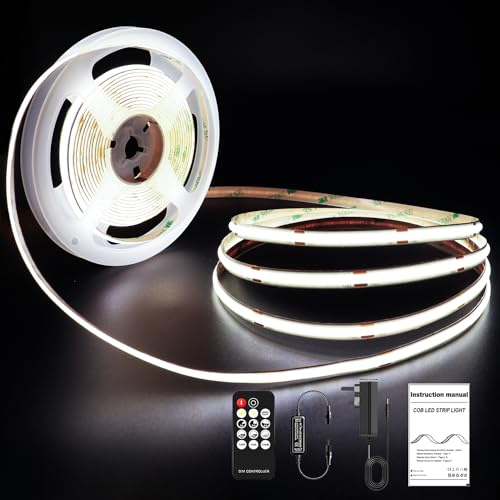 ROUKLE 8mm COB LED Streifen 6000K - 5M Dimmbare 24V Superhelle COB LED Strip CRI90+ mit RF-Fernbedienung | 2400 LEDs | Kaltweiß 6000K | Einfache DIY Dekoration von ROUKLE