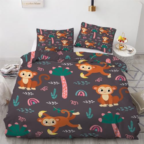 ROUSKI Bettwäsche AFFE 135x200 cm 2teilig 100% Mikrofaser Kinderbettwäsche Süße Tiere Wendebettwäsche mit Reißverschluss 3D Motiv Zimmer Dekor Bettwäsche-Sets mit Kissenbezüge 80x80 von ROUSKI