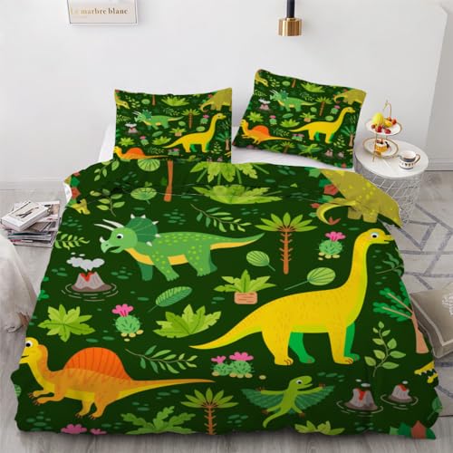 ROUSKI Bettwäsche Dinosaurier 135x200 cm 2teilig 100% Mikrofaser Kinderbettwäsche Cartoon Dino Wendebettwäsche mit Reißverschluss 3D Motiv Zimmer Dekor Bettwäsche-Sets mit Kissenbezüge 80x80 von ROUSKI