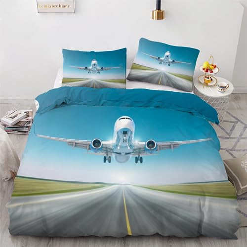 ROUSKI Bettwäsche Flugzeug 155x220 cm 3teilig 100% Leicht Mikrofaser Bettbezug Flugzeug Wendebettwäsche mit Reißverschluss 3D Motiv Zimmer Dekor Bettwäsche-Sets mit 2 Kissenbezüge 80x80 von ROUSKI