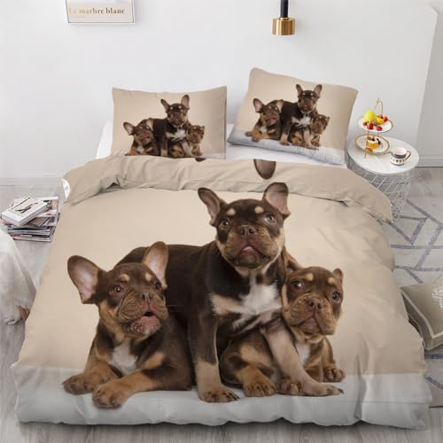 ROUSKI Bettwäsche Französische Bulldogge 135x200 cm 4teilig 100% Mikrofaser Kinderbettwäsche Tiere Hunde Bettbezug mit Reißverschluss 3D Motiv Zimmer Dekor Bettwäsche-Sets mit 2 Kissenbezüge 80x80 von ROUSKI