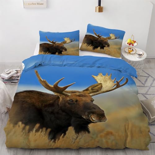 ROUSKI Bettwäsche Hirsch 135x200 cm 2teilig 100% Mikrofaser Kinderbettwäsche Tier Elch Wendebettwäsche mit Reißverschluss 3D Motiv Zimmer Dekor Bettwäsche-Sets mit Kissenbezüge 80x80 von ROUSKI