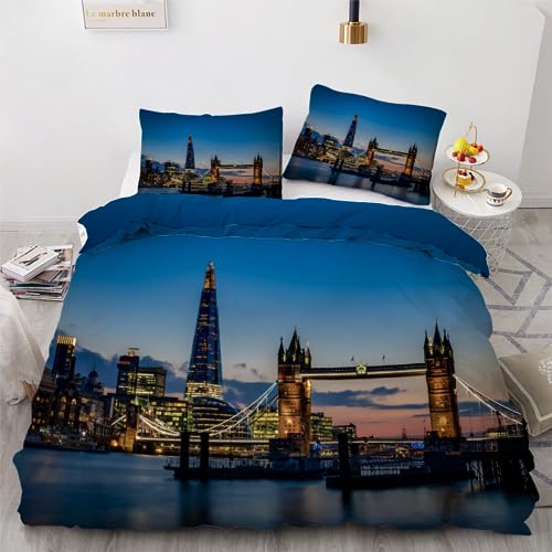 ROUSKI Bettwäsche London 155x220 cm 3teilig 100% Leicht Mikrofaser Bettbezug Stadt Landschaft Wendebettwäsche mit Reißverschluss 3D Motiv Zimmer Dekor Bettwäsche-Sets mit 2 Kissenbezüge 80x80 von ROUSKI