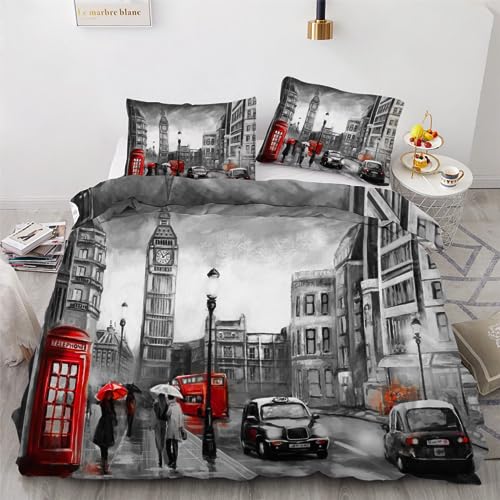 ROUSKI Bettwäsche London Big Ben 135x200 cm 2teilig 100% Leicht Mikrofaser Kinderbettwäsche Kunst Ölgemälde Bettbezug mit Reißverschluss 3D Motiv Zimmer Dekor Bettwäsche-Sets mit Kissenbezüge 80x80 von ROUSKI