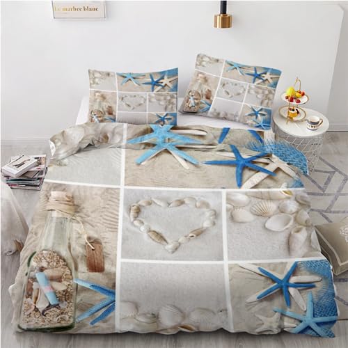 ROUSKI Bettwäsche Maritim 155x220 cm 3teilig 100% Leicht Mikrofaser Bettbezug Strand Seestern Bettbezüge mit Reißverschluss 3D Motiv Zimmer Dekor Bettwäsche-Sets mit 2 Kissenbezüge 80x80 ROUSKI Bettwäsche Maritim 155x220 cm 3teilig 100% Leicht Mikrofaser Bettbezug Strand Seestern Bettbezüge mit Reißverschluss 3D Motiv Zimmer Dekor Bettwäsche-Sets mit 2 Kissenbezüge 80x80 von ROUSKI