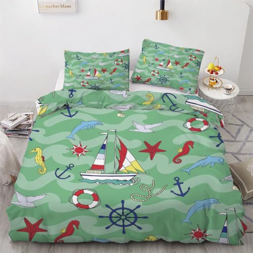 ROUSKI Bettwäsche Maritime 135x200 cm 2teilig 100% Mikrofaser Kinderbettwäsche Ozean Maritim Wendebettwäsche mit Reißverschluss 3D Motiv Zimmer Dekor Bettwäsche-Sets mit Kissenbezüge 80x80 von ROUSKI