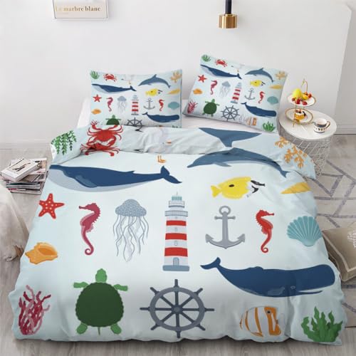 ROUSKI Bettwäsche Maritime 135x200 cm 2teilig 100% Mikrofaser Kinderbettwäsche Wal Leuchtturm Wendebettwäsche mit Reißverschluss 3D Motiv Zimmer Dekor Bettwäsche-Sets mit Kissenbezüge 80x80 von ROUSKI