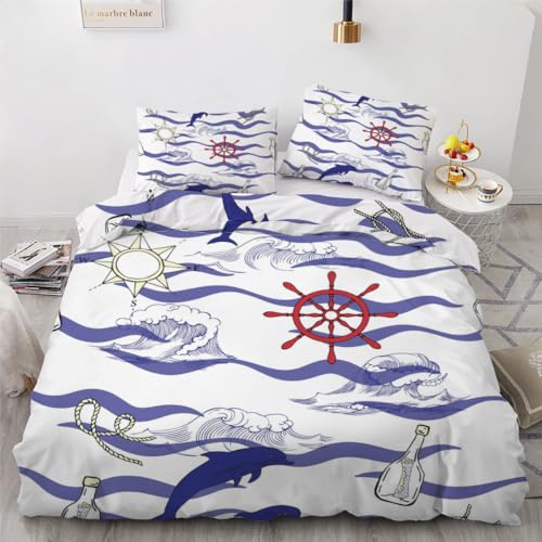 ROUSKI Bettwäsche Maritime 220x240 cm 3teilig 100% Leicht Mikrofaser Bettbezug Ozean Maritim Wendebettwäsche mit Reißverschluss 3D Motiv Zimmer Dekor Bettwäsche-Sets mit 2 Kissenbezüge 80x80 von ROUSKI