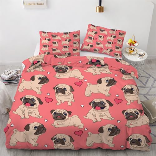 ROUSKI Bettwäsche Mops 135x200 cm 2teilig 100% Leicht Mikrofaser Kinderbettwäsche Süß Mops Bettbezug mit Reißverschluss 3D Motiv Zimmer Dekor Bettwäsche-Sets mit Kissenbezüge 80x80 von ROUSKI