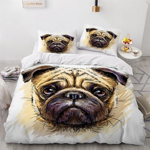 ROUSKI Bettwäsche Mops 200x200 cm 3teilig 100% Leicht Mikrofaser Bettbezug Retro Hund Bettbezüge mit Reißverschluss 3D Motiv Zimmer Dekor Bettwäsche-Sets mit 2 Kissenbezüge 80x80 von ROUSKI