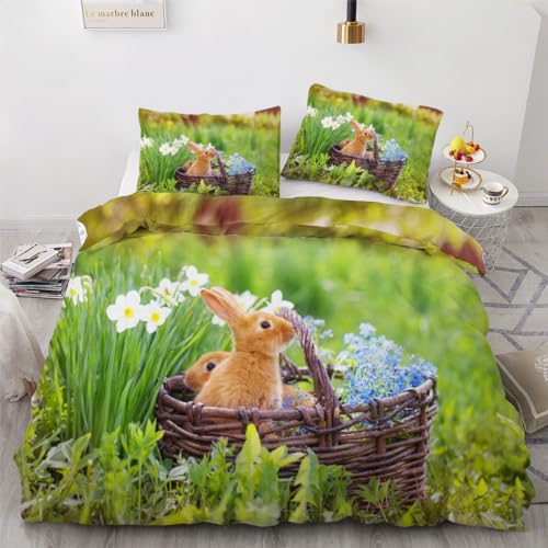 ROUSKI Bettwäsche Ostern 135x200 cm 2teilig 100% Mikrofaser Kinderbettwäsche Oster Hase Wendebettwäsche mit Reißverschluss 3D Motiv Zimmer Dekor Bettwäsche-Sets mit Kissenbezüge 80x80 von ROUSKI