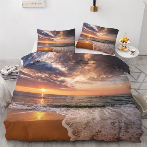 ROUSKI Bettwäsche Ozean 155x220 cm 3teilig 100% Leicht Mikrofaser Bettbezug Strand Sonnenuntergang Wendebettwäsche mit Reißverschluss 3D Motiv Zimmer Dekor Bettwäsche-Sets mit 2 Kissenbezüge 80x80 von ROUSKI