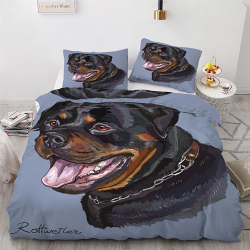 ROUSKI Bettwäsche Rottweiler 135x200 cm 2teilig 100% Mikrofaser Kinderbettwäsche Tiere Hunde Wendebettwäsche mit Reißverschluss 3D Motiv Zimmer Dekor Bettwäsche-Sets mit Kissenbezüge 80x80 von ROUSKI