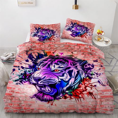 ROUSKI Bettwäsche Tiger 135x200 cm 4teilig 100% Mikrofaser Kinderbettwäsche Abstrakt Graffiti Wendebettwäsche mit Reißverschluss 3D Motiv Zimmer Dekor Bettwäsche-Sets mit 2 Kissenbezüge 80x80 von ROUSKI