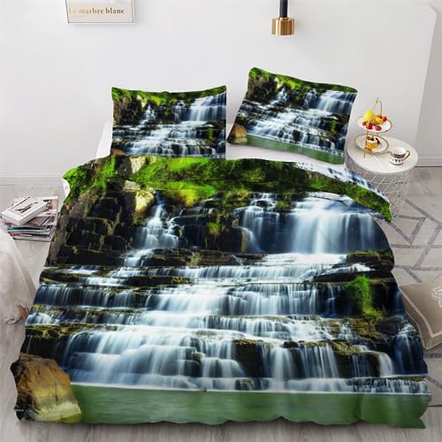 ROUSKI Bettwäsche Wasserfall 135x200 cm 2teilig 100% Leicht Mikrofaser Kinderbettwäsche Natur Wasserfall Bettbezug mit Reißverschluss 3D Motiv Zimmer Dekor Bettwäsche-Sets mit Kissenbezüge 80x80 von ROUSKI