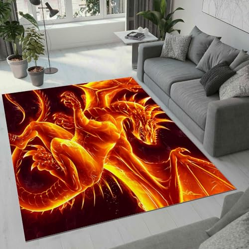 ROUSKI Drachen Teppich Wohnzimmer Schlafzimmer 3D Muster Design Retro Drache Teppiche rutschfest Waschbarer Kurzflor Teppich Grösse 140x200 cm Flauschig Weich Soft Home Outdoor Carpet Matte von ROUSKI