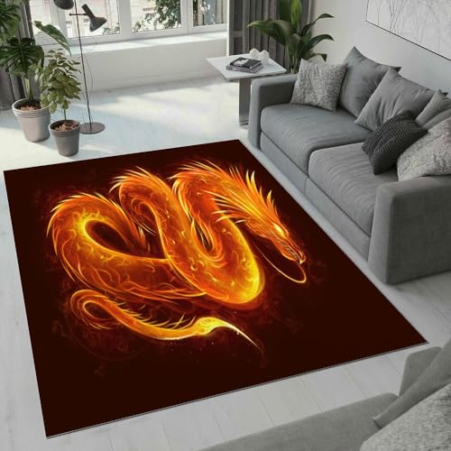 ROUSKI Drachen Teppich Wohnzimmer Schlafzimmer 3D Muster Design Retro Drache Teppiche rutschfest Waschbarer Kurzflor Teppich Grösse 80x120 cm Flauschig Weich Soft Home Outdoor Carpet Matte von ROUSKI