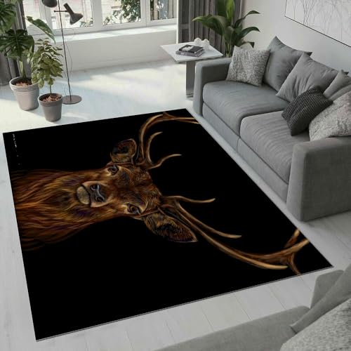 ROUSKI Elch Teppich Wohnzimmer Schlafzimmer 3D Muster Design Retro Hirsch Teppiche rutschfest Waschbarer Kurzflor Teppich Grösse 120x160 cm Flauschig Weich Soft Home Outdoor Carpet Matte von ROUSKI