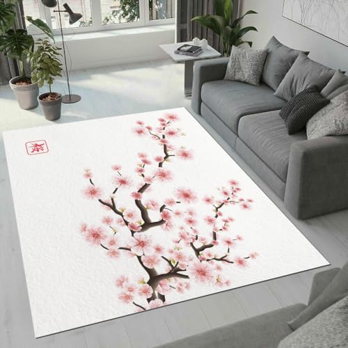 ROUSKI Kirschblüten Teppich Wohnzimmer Schlafzimmer 3D Muster Design Japan Kirschblüten Teppiche rutschfest Waschbarer Kurzflor Teppich Grösse 80x120 cm Flauschig Weich Soft Home Outdoor Carpet Matte von ROUSKI