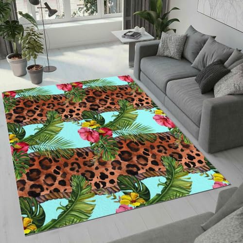 ROUSKI Leopardenmuster Teppich Wohnzimmer Schlafzimmer 3D Muster Blumen Palmblätter Teppiche rutschfest Waschbarer Kurzflor Teppich Grösse 160x200 cm Flauschig Weich Soft Home Outdoor Carpet Matte von ROUSKI