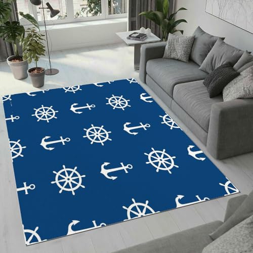 ROUSKI Maritime Teppich Wohnzimmer Schlafzimmer 3D Muster Design Anker Rouletterad Teppiche rutschfest Waschbarer Kurzflor Teppich Grösse 140x200 cm Flauschig Weich Soft Home Outdoor Carpet Matte von ROUSKI