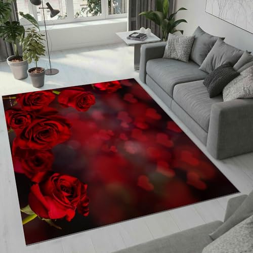 ROUSKI Rose Teppich Wohnzimmer Schlafzimmer 3D Muster Design Rote Blumen Teppiche rutschfest Waschbarer Kurzflor Teppich Grösse 100x200 cm Flauschig Weich Soft Home Outdoor Carpet Matte von ROUSKI