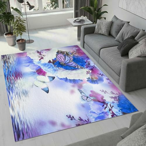 ROUSKI Schmetterling Teppich Wohnzimmer Schlafzimmer 3D Muster Blumen Schmetterling Teppiche rutschfest Waschbarer Kurzflor Teppich Grösse 60x90 cm Flauschig Weich Soft Home Outdoor Carpet Matte von ROUSKI
