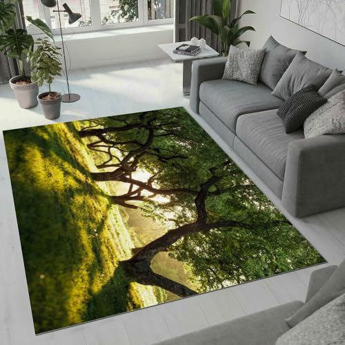 ROUSKI Wald Teppich Wohnzimmer Schlafzimmer 3D Muster Design Grün Baum Teppiche rutschfest Waschbarer Kurzflor Teppich Grösse 140x200 cm Flauschig Weich Soft Home Outdoor Carpet Matte von ROUSKI