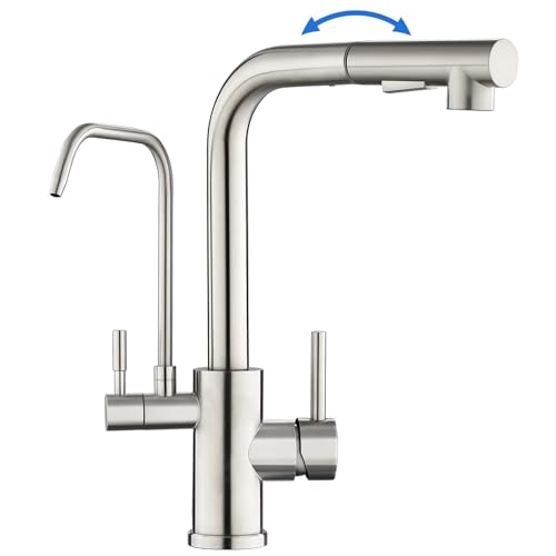 ROVOGO 3 Wege Wasserhahn Küche mit Filter, Hochdruck Küchenarmatur mit 2 Strahlarten Brause Ausziehbar, Doppelhebel Mischbatterie Küche für Heiß-, Kalt- und Trinkwasser, Gebürstet Edelstahl, L-Auslauf ROVOGO 3 Wege Wasserhahn Küche mit Filter, Hochdruck Küchenarmatur mit 2 Strahlarten Brause Ausziehbar, Doppelhebel Mischbatterie Küche für Heiß-, Kalt- und Trinkwasser, Gebürstet Edelstahl, L-Auslauf von ROVOGO