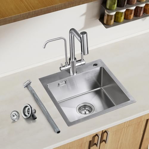 ROVOGO 304 Edelstahl Gebürstet Spülbecken Klein, 46 x 44 cm Spüle Küche mit Ablauf-Set, Küchenspüle mit Löchern für Armatur und Seifenspender, 1 Becken Einbauspüle von ROVOGO