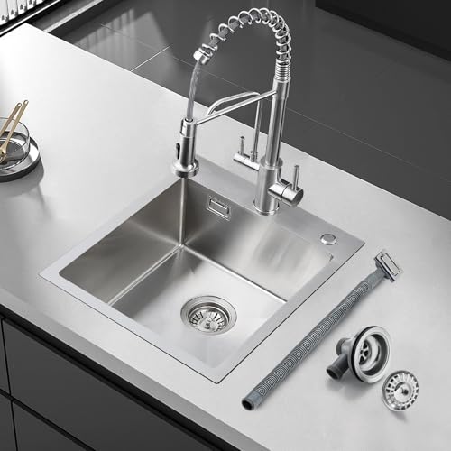 ROVOGO 304 Edelstahl Spülbecken Klein, 50 x 43 cm Spüle Küche mit Ablauf-Set, Küchenspüle mit Löchern für Armatur und Seifenspender, 1 Becken Einbauspüle Gebürstet von ROVOGO