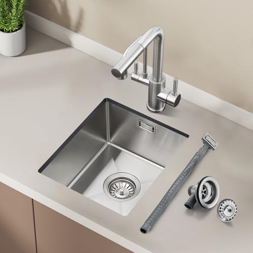 ROVOGO 304 Edelstahl Spülbecken Klein 40 x 34 cm, Schmal Spüle Küche mit Siebkorbventil und Überlauf, Gebürstete Küchenspüle Handgefertigte, Einbauspüle 1 Becken Rechteckig von ROVOGO