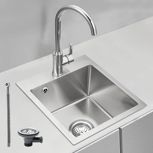ROVOGO 304 Edelstahl Spülbecken Klein Gebürstet, 50 x 40 cm Spüle Küche mit Ablaufgarnitur inkl. Siebkorbventil und Abtropf-Überlauf, Einbauspüle mit hahnloch für Armatur, Küchenspüle 1 Becken von ROVOGO