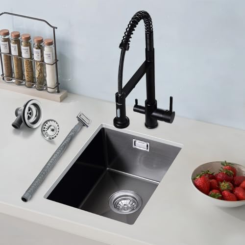 ROVOGO 40 x 34 cm Schwarz Unterbau Spülbecken Klein, Spüle Küche mit Siebkorbventil und Überlauf, Edelstahl Küchenspüle Handgefertigte, Einbauspüle 1 Becken von ROVOGO